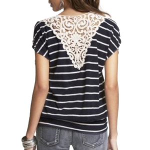 Express Navy Blue and Cream Crochet Stripe Top
